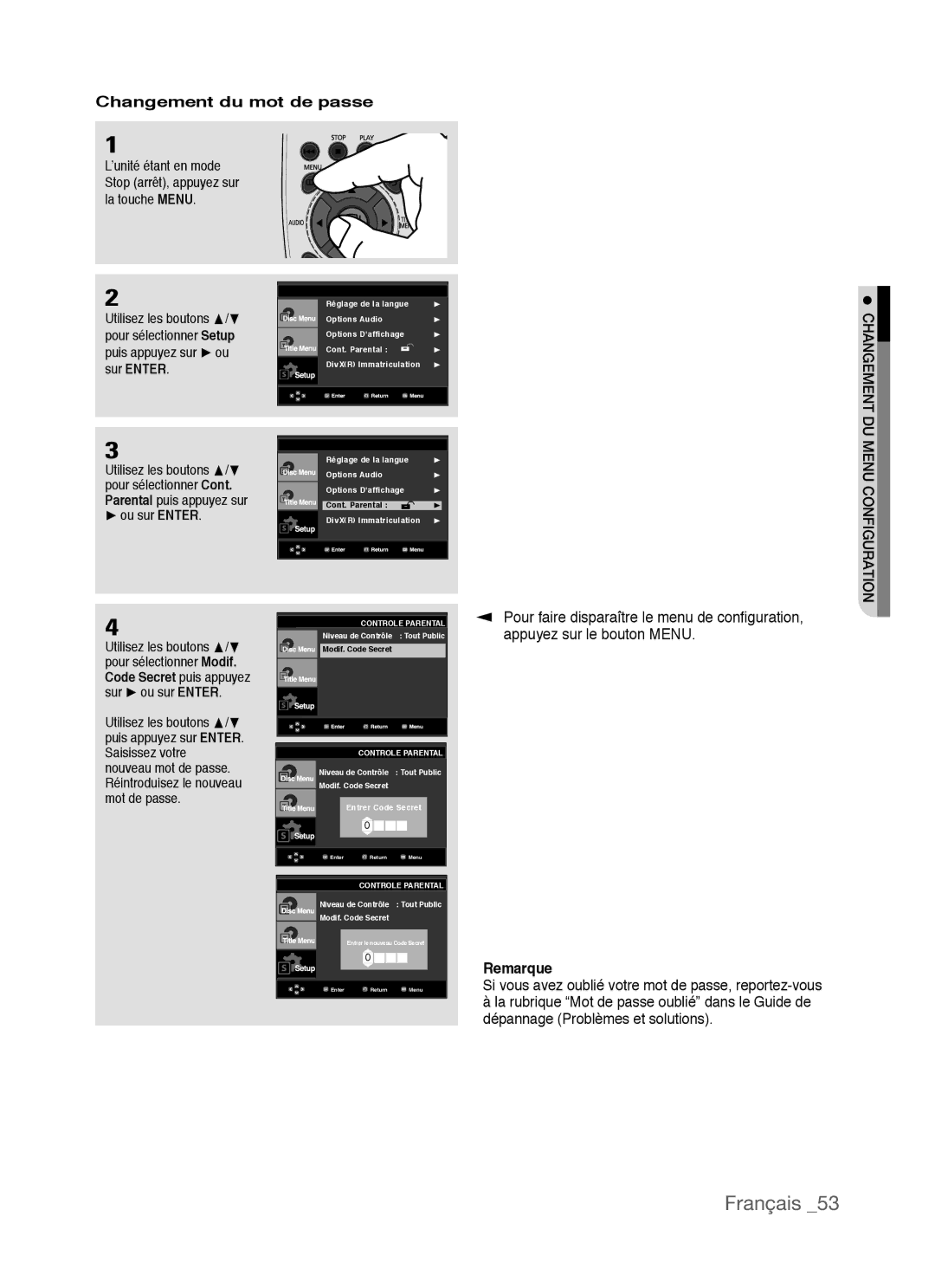 Samsung AK68-01770G, DVD-P390 user manual Changement du mot de passe, Remarque 