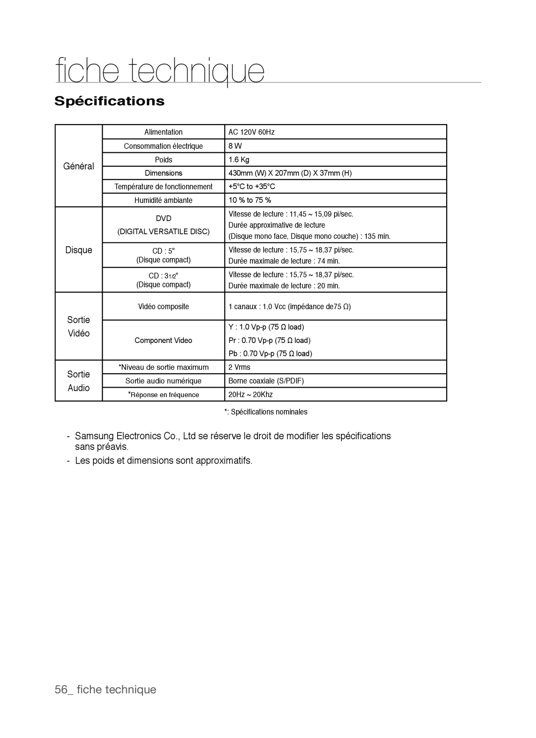 Samsung DVD-P390, AK68-01770G user manual Spécifications, Vidéo 