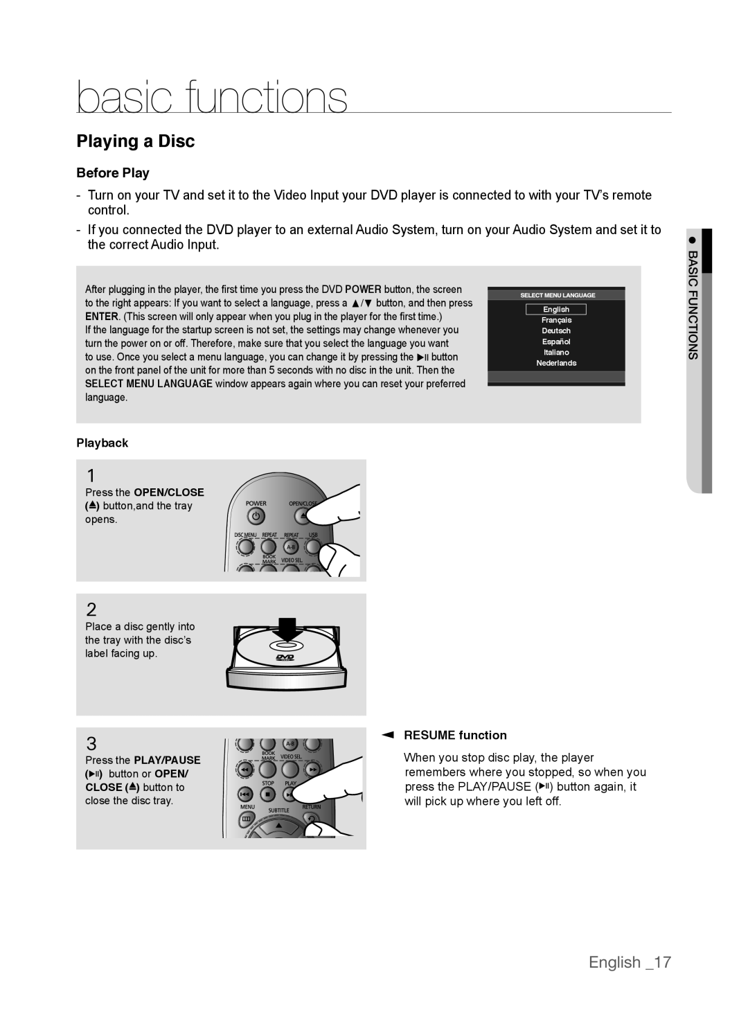 Samsung AK68-01770G Playing a Disc, Before Play, Playback, Resume function, Press the OPEN/CLOSE button,and the tray opens 