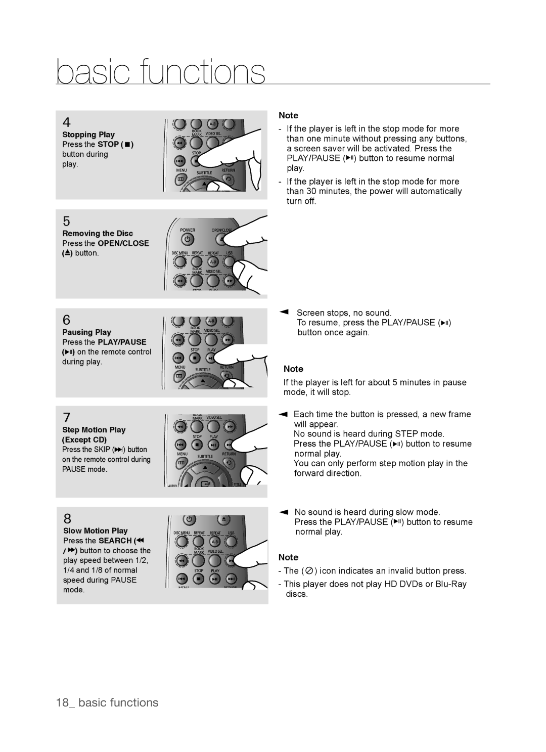 Samsung DVD-P390, AK68-01770G user manual Basic functions, Stopping Play Press the Stop button during, Slow Motion Play 