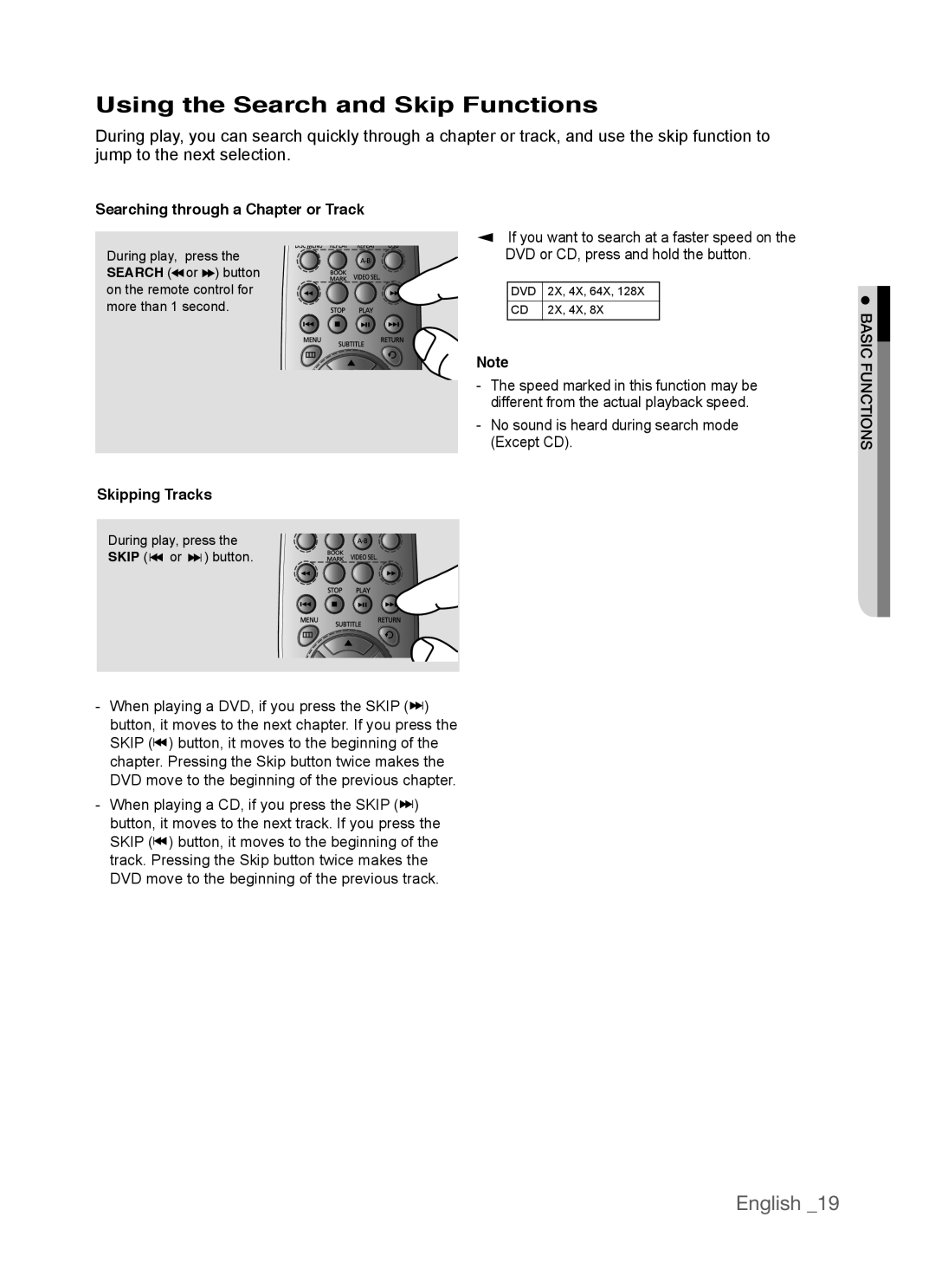 Samsung AK68-01770G, DVD-P390 Using the Search and Skip Functions, Searching through a Chapter or Track, Skipping Tracks 