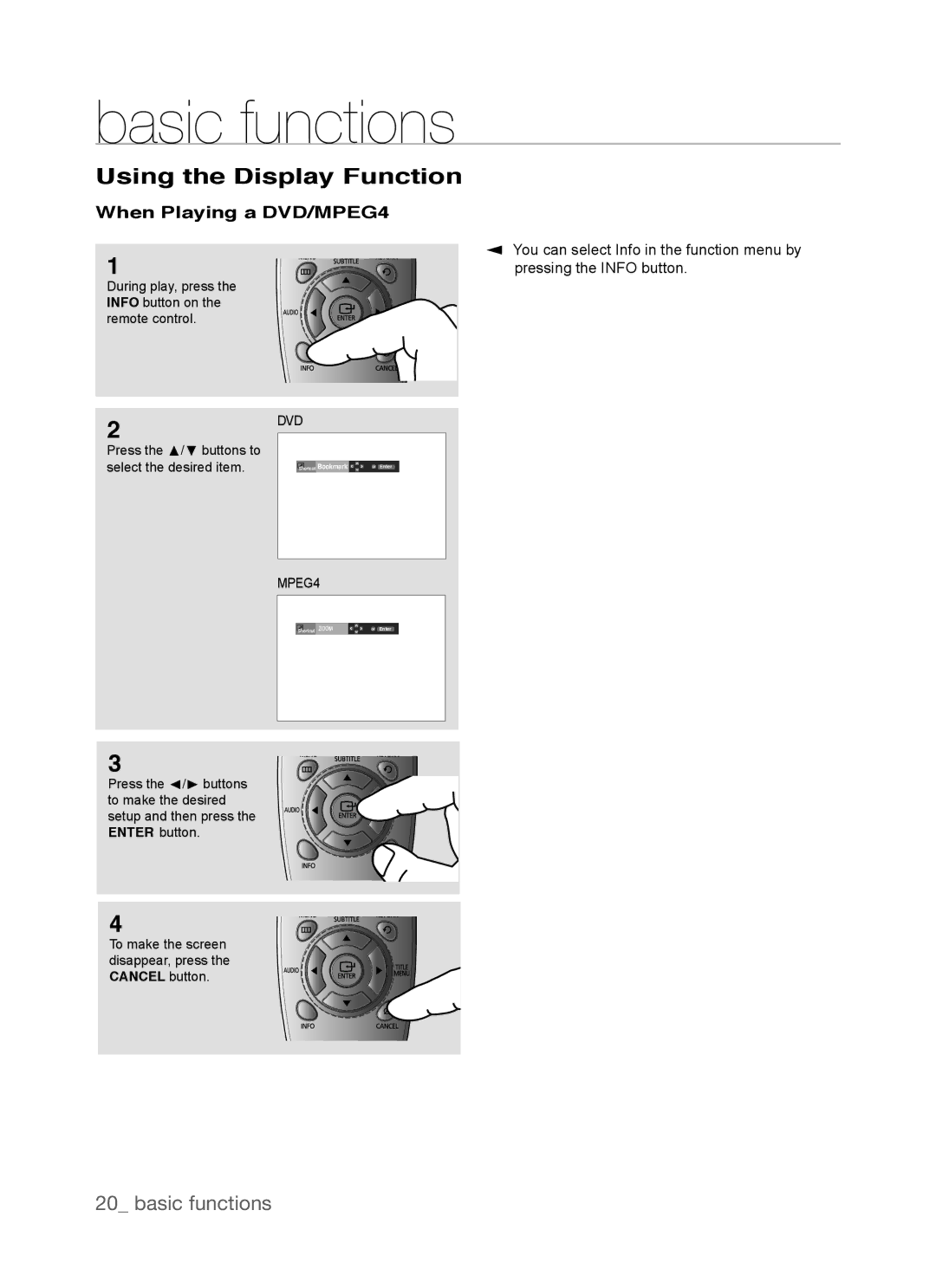 Samsung DVD-P390, AK68-01770G user manual Using the Display Function, When Playing a DVD/MPEG4 