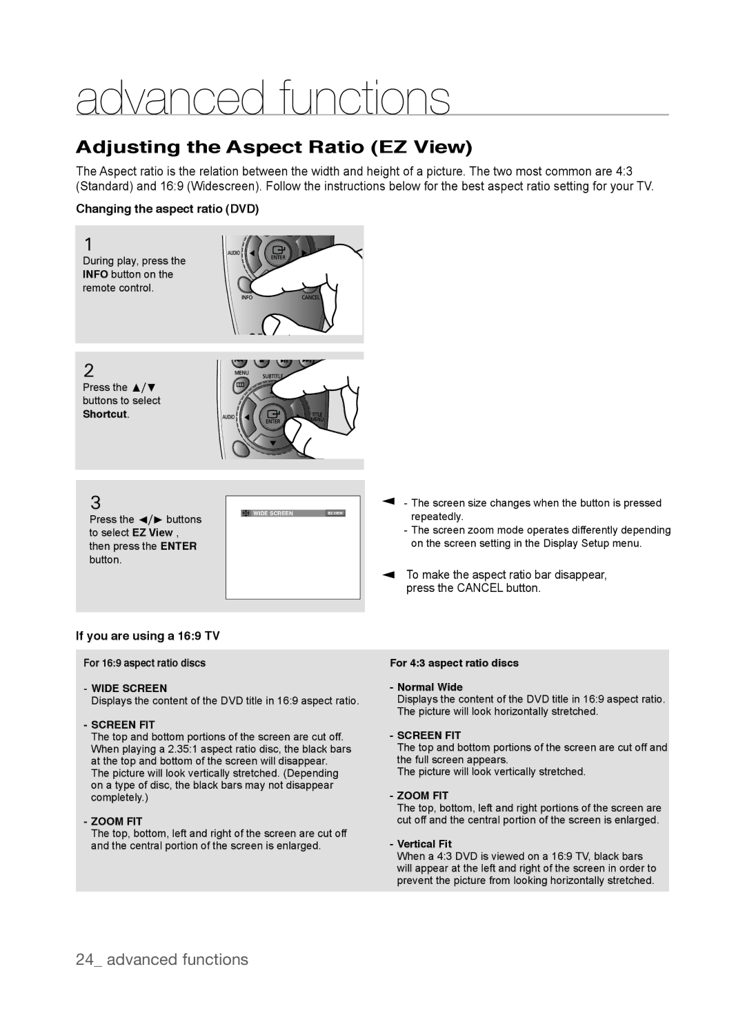 Samsung DVD-P390, AK68-01770G Advanced functions, Adjusting the Aspect Ratio EZ View, Changing the aspect ratio DVD 