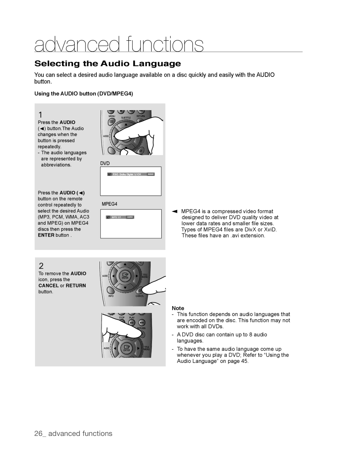 Samsung DVD-P390, AK68-01770G user manual Selecting the Audio Language, Using the Audio button DVD/MPEG4 