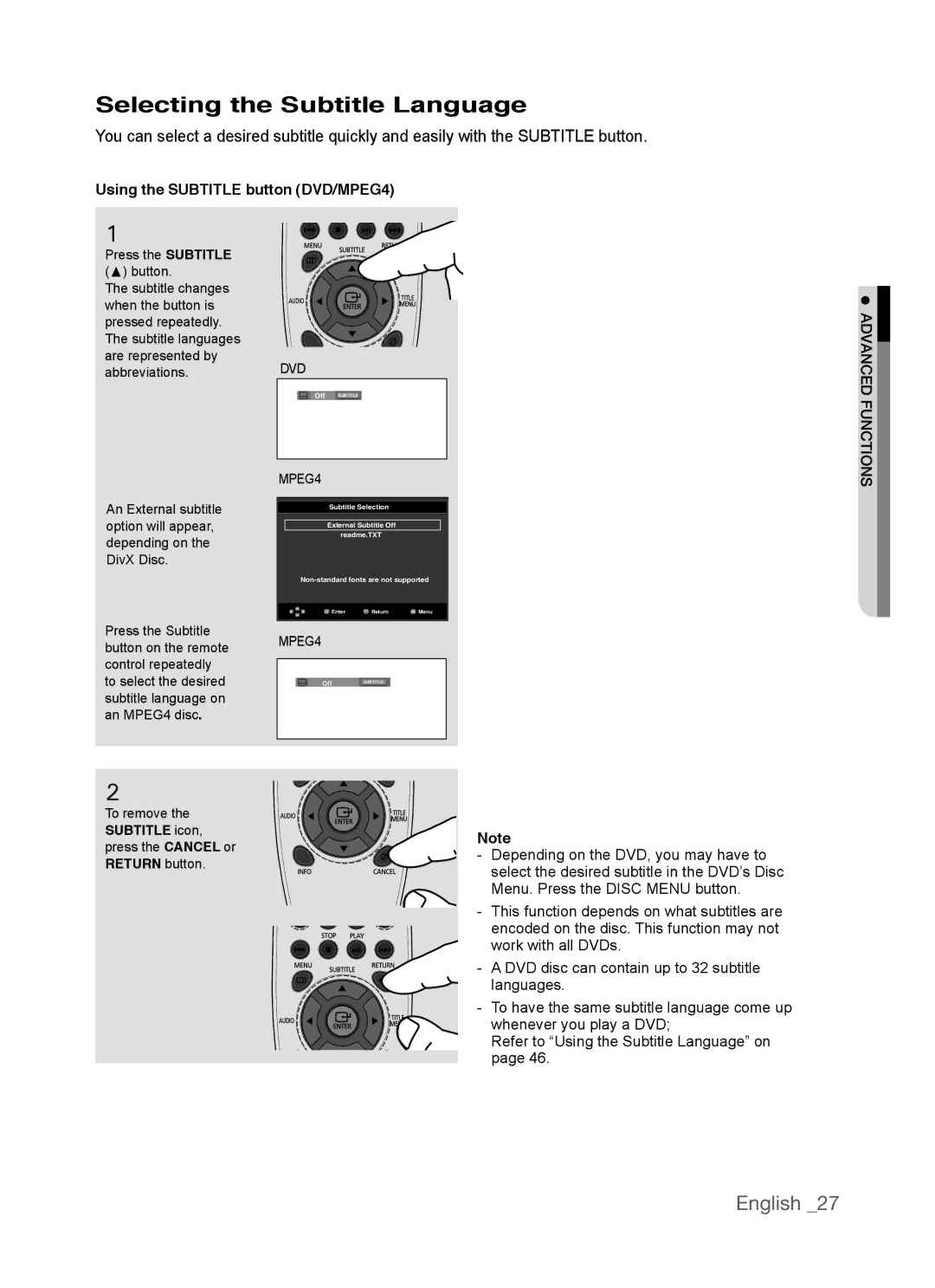 Samsung AK68-01770G, DVD-P390 user manual Selecting the Subtitle Language, Using the Subtitle button DVD/MPEG4 