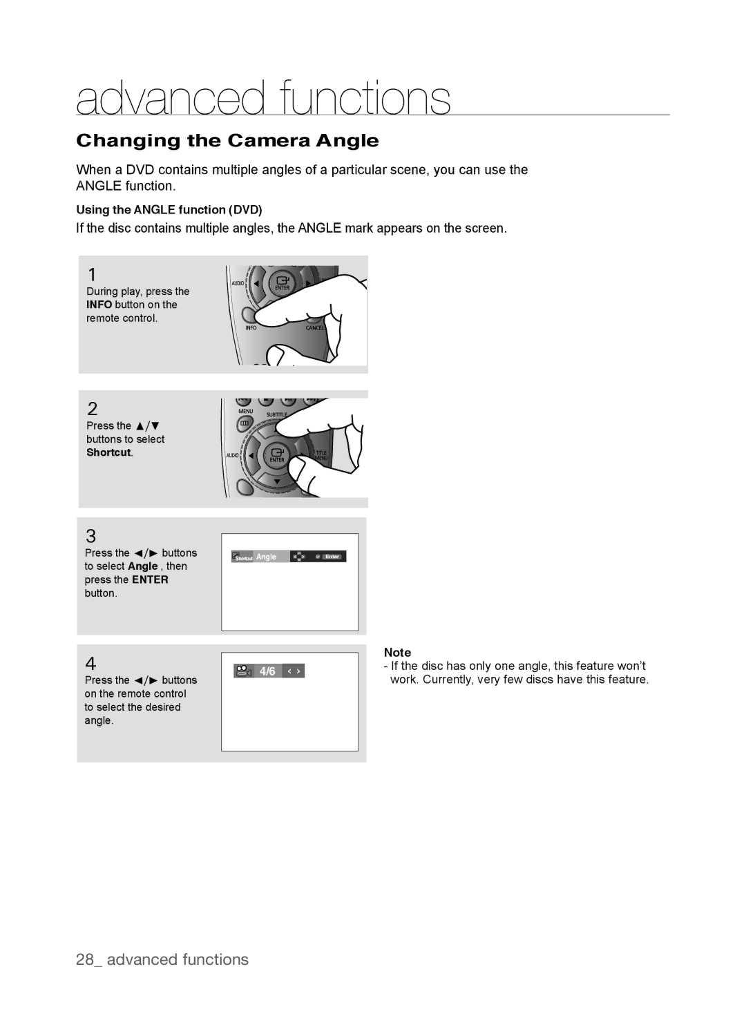 Samsung DVD-P390, AK68-01770G user manual Changing the Camera Angle, Using the Angle function DVD 