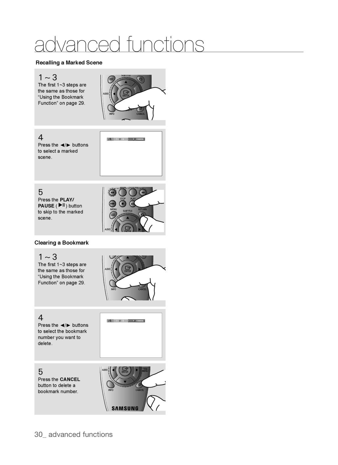 Samsung DVD-P390, AK68-01770G user manual Recalling a Marked Scene, Clearing a Bookmark 