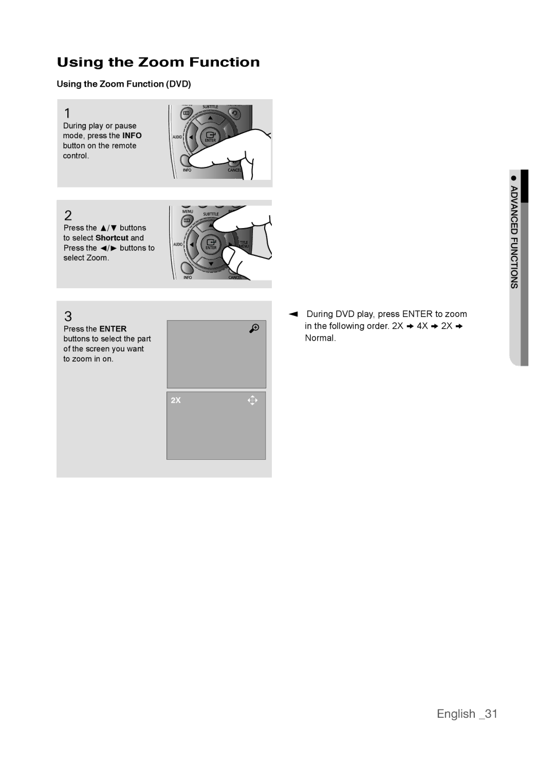 Samsung AK68-01770G, DVD-P390 user manual Using the Zoom Function DVD 