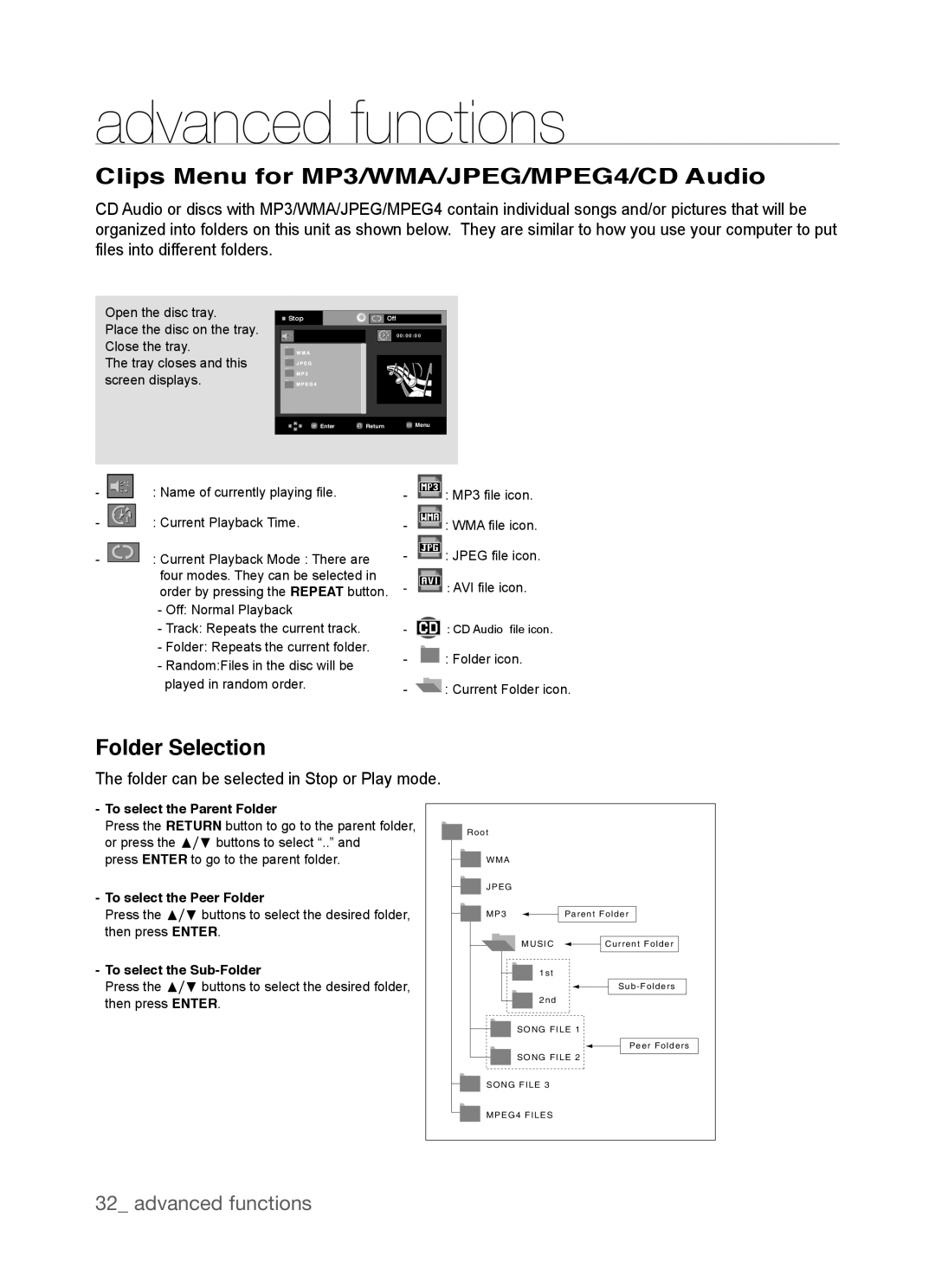 Samsung DVD-P390, AK68-01770G Clips Menu for MP3/WMA/JPEG/MPEG4/CD Audio, Folder Selection, To select the Parent Folder 