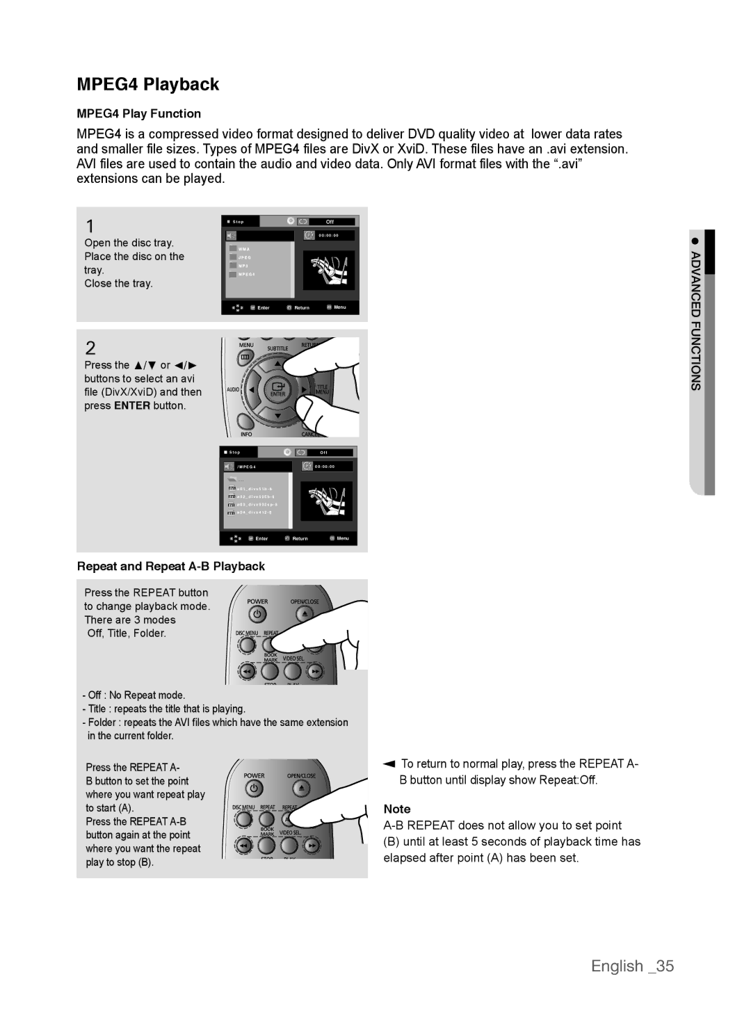 Samsung AK68-01770G, DVD-P390 user manual MPEG4 Playback, MPEG4 Play Function, Repeat and Repeat A-B Playback 