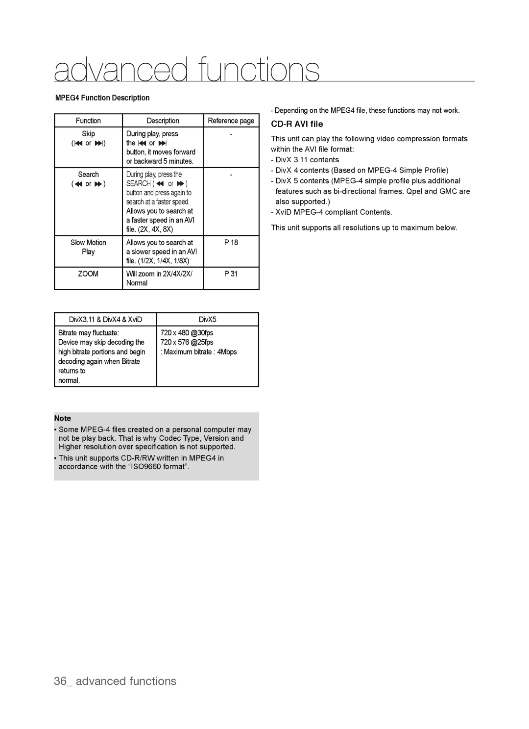 Samsung DVD-P390, AK68-01770G user manual CD-R AVI file, MPEG4 Function Description 