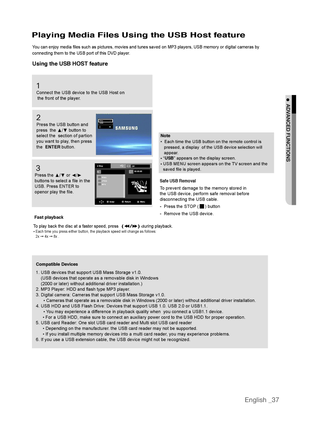 Samsung AK68-01770G Playing Media Files Using the USB Host feature, Safe USB Removal, Fast playback, Compatible Devices 