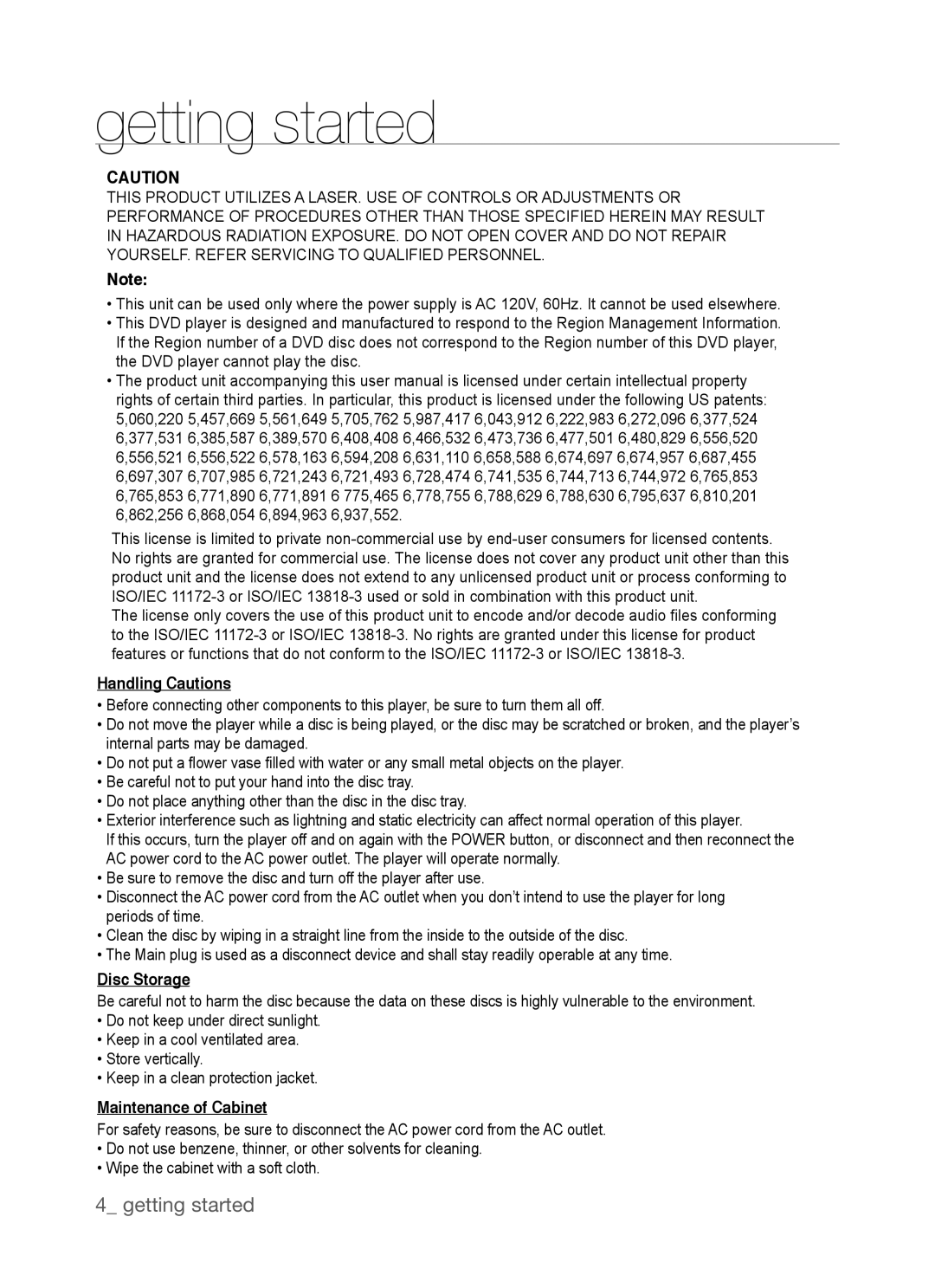 Samsung DVD-P390, AK68-01770G user manual Handling Cautions, Disc Storage, Maintenance of Cabinet 