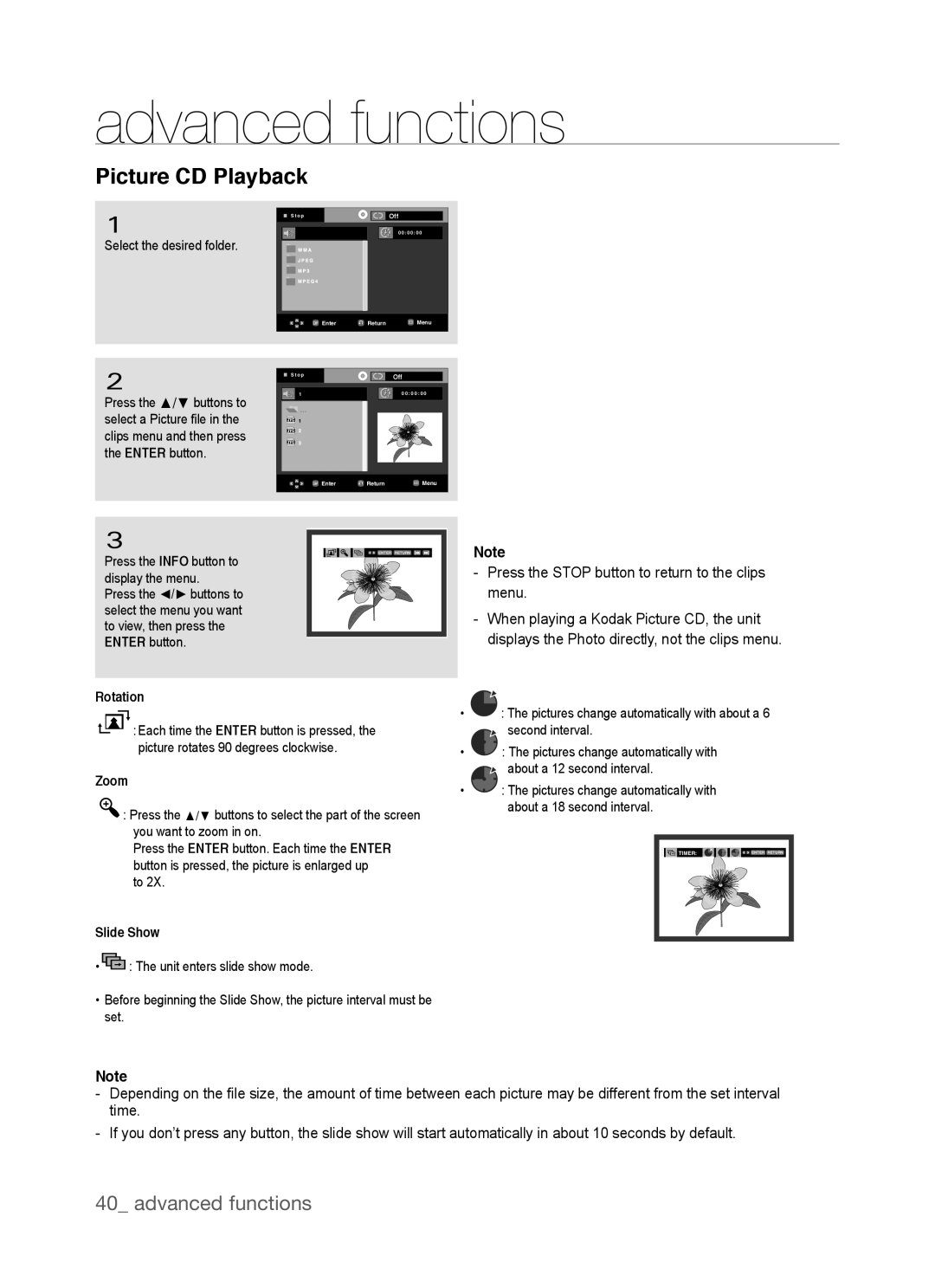 Samsung DVD-P390, AK68-01770G user manual Picture CD Playback, Rotation, Zoom, Slide Show 