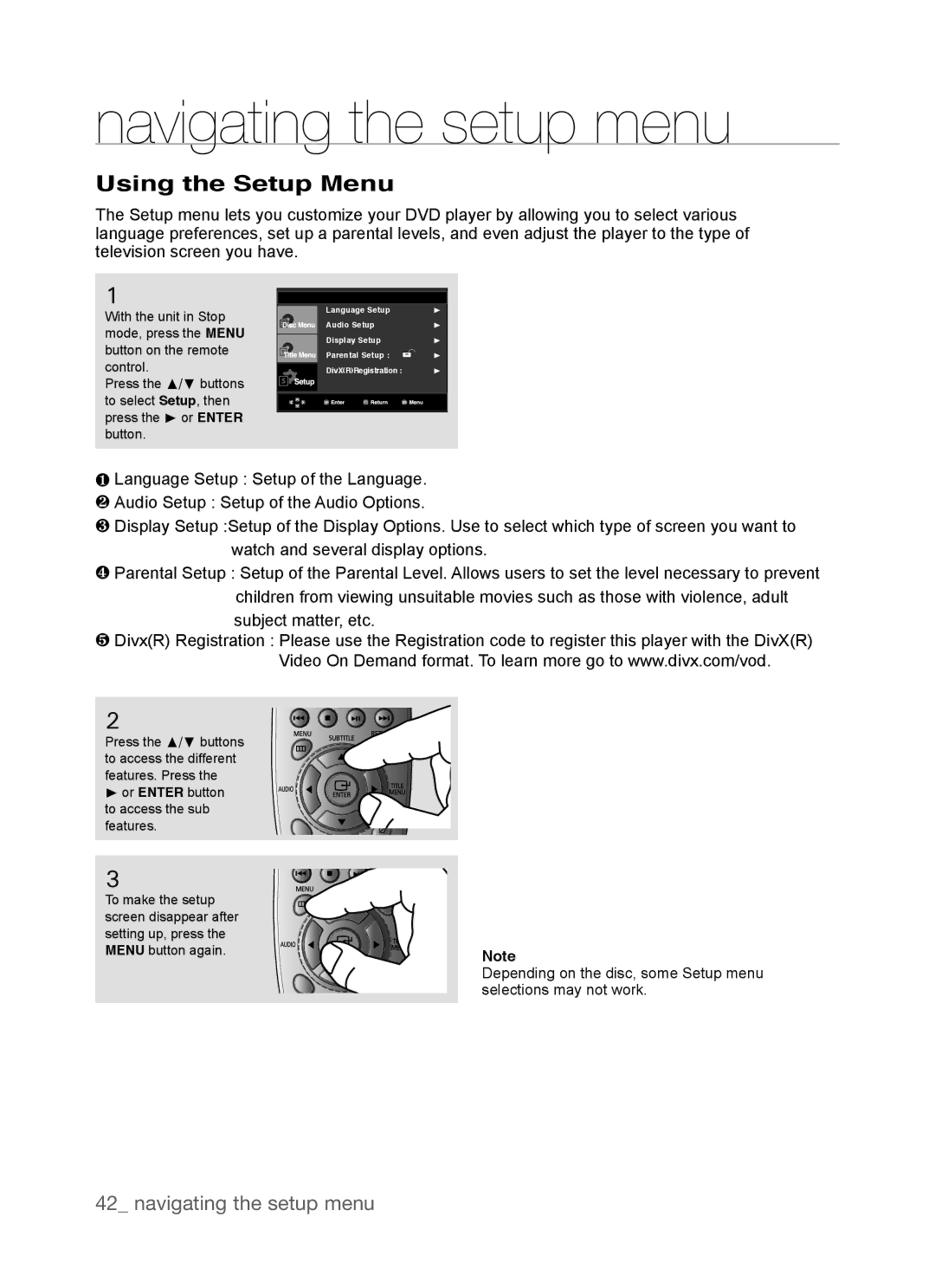 Samsung DVD-P390, AK68-01770G user manual Navigating the setup menu, Using the Setup Menu 