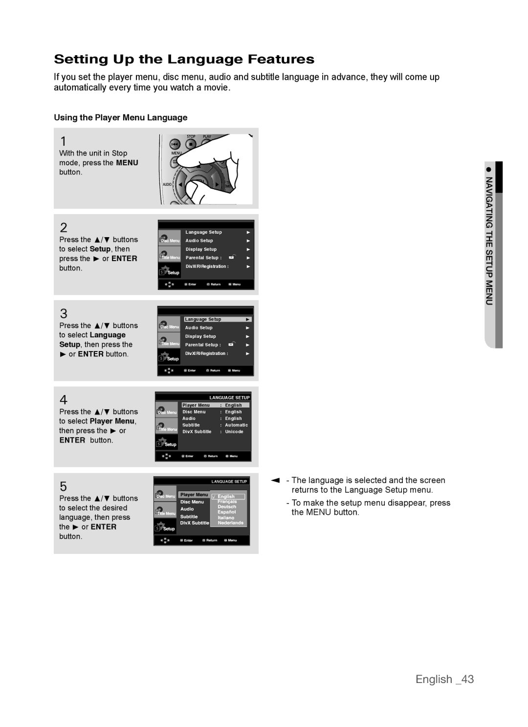 Samsung AK68-01770G, DVD-P390 user manual Setting Up the Language Features, Using the Player Menu Language 