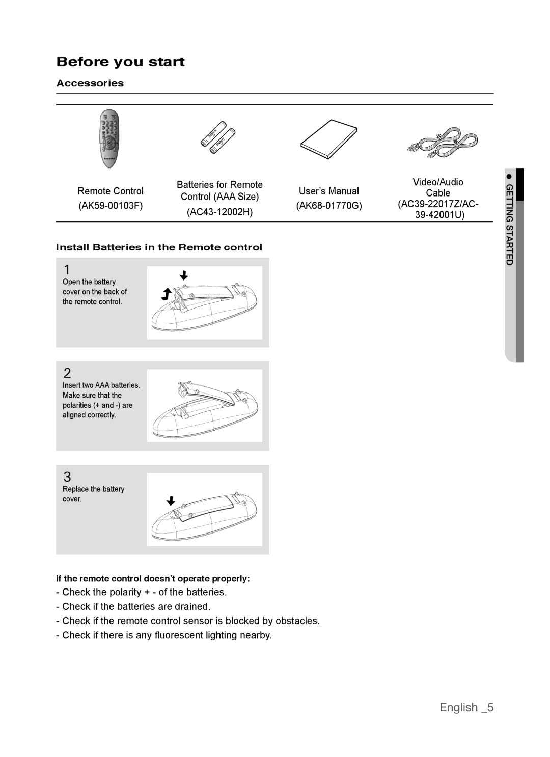 Samsung AK68-01770G, DVD-P390 user manual Before you start, Accessories, Install Batteries in the Remote control 