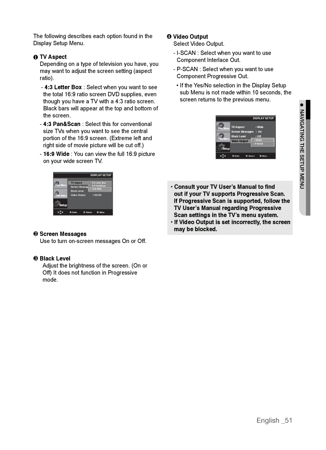 Samsung AK68-01770G, DVD-P390 user manual ❶ TV Aspect, ❷ Screen Messages, ❸ Black Level, ❹ Video Output 