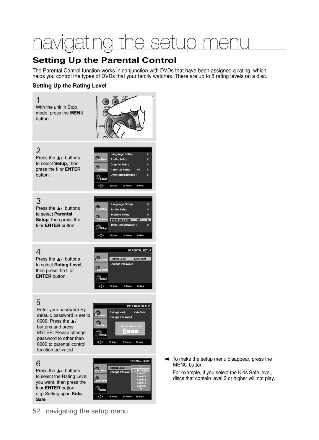 Samsung DVD-P390, AK68-01770G user manual Setting Up the Parental Control, Setting Up the Rating Level 