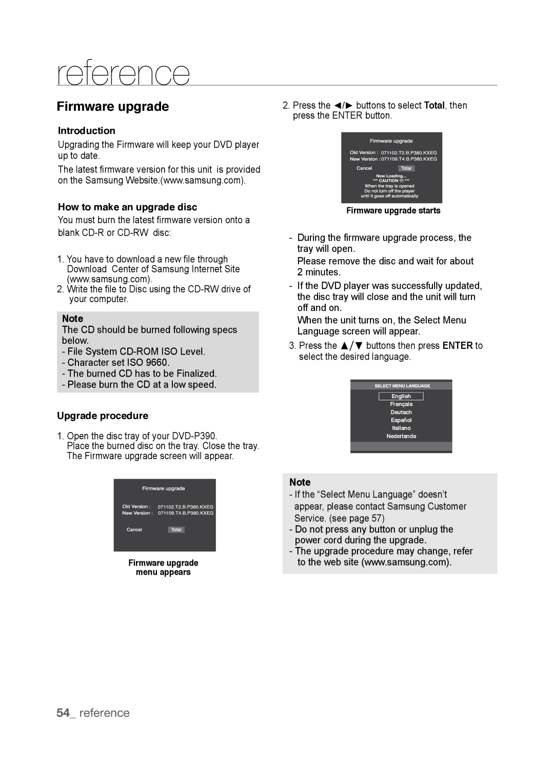 Samsung DVD-P390, AK68-01770G Reference, Firmware upgrade, Introduction, How to make an upgrade disc, Upgrade procedure 