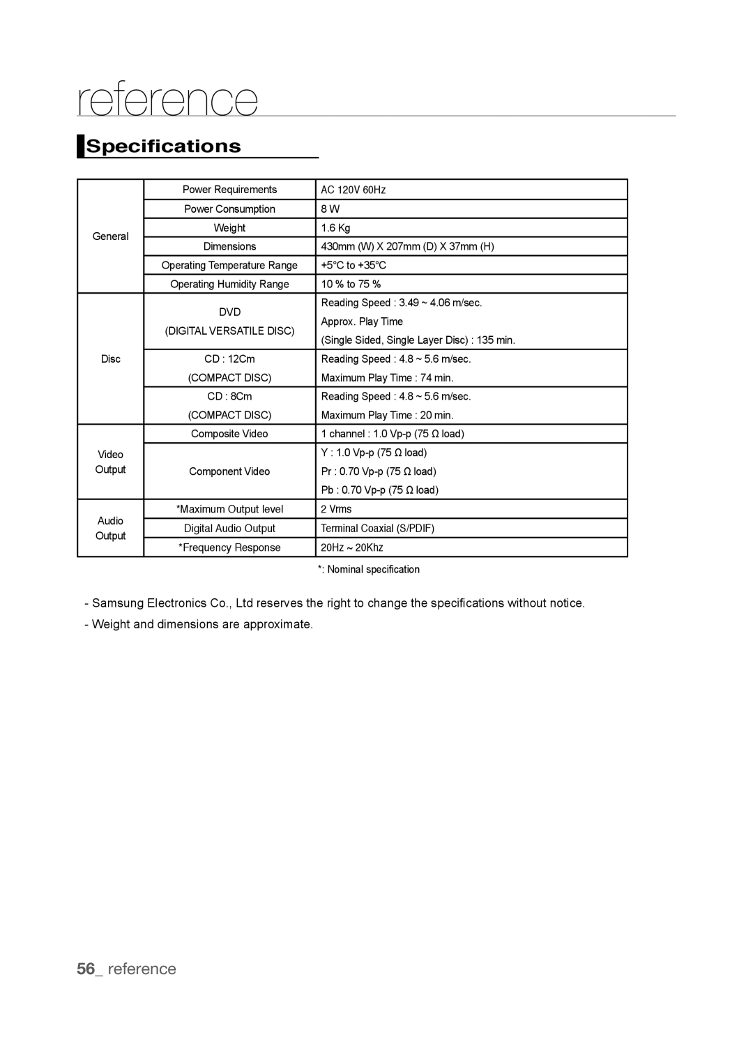 Samsung DVD-P390, AK68-01770G user manual Specifications 