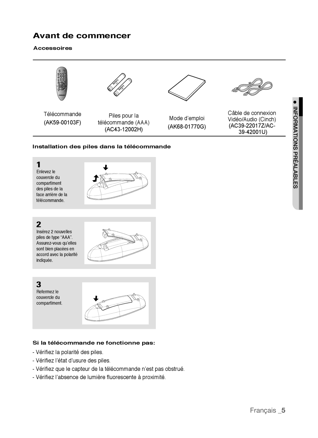 Samsung AK68-01770G, DVD-P390 user manual Avant de commencer, Accessoires, Installation des piles dans la télécommande 