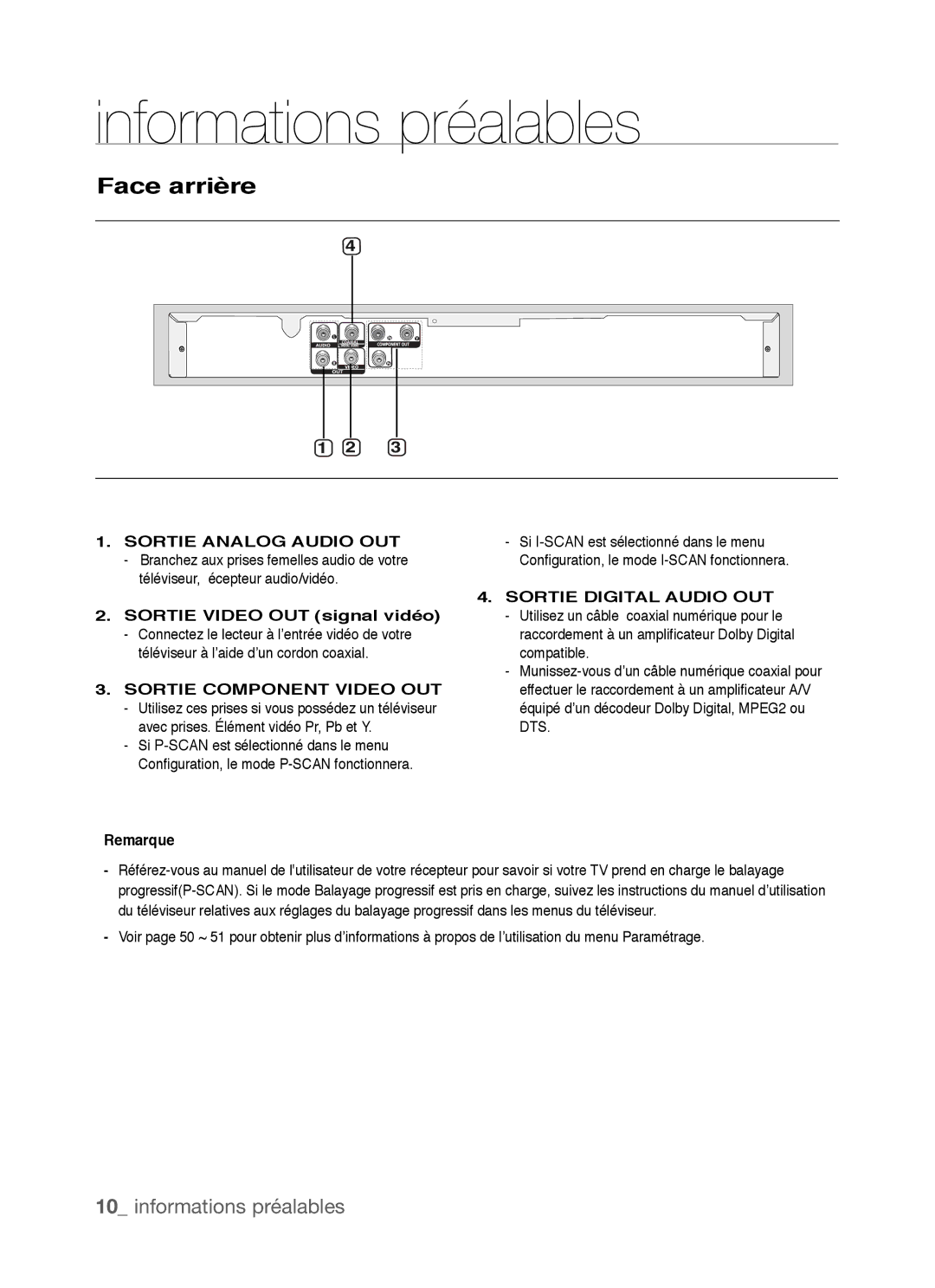 Samsung DVD-P390, AK68-01770G user manual Face arrière, Sortie Video OUT signal vidéo, Remarque 