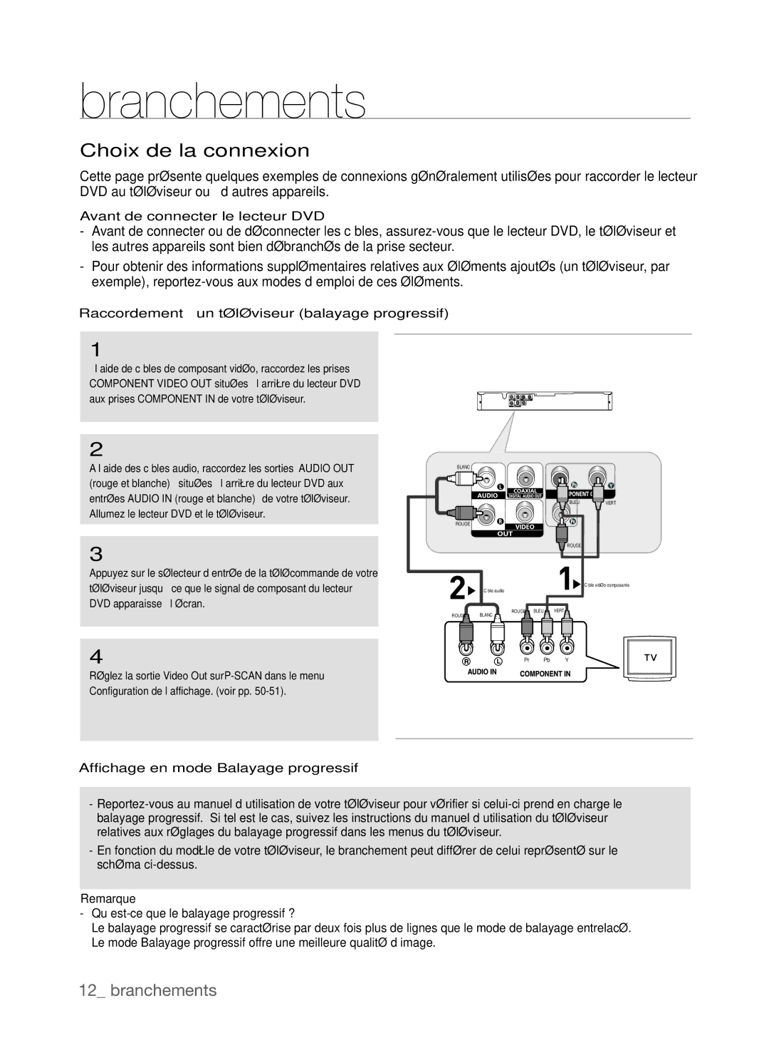 Samsung DVD-P390, AK68-01770G user manual Branchements, Choix de la connexion, Avant de connecter le lecteur DVD 