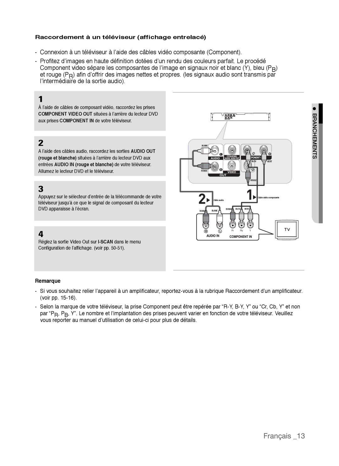 Samsung AK68-01770G, DVD-P390 user manual Raccordement à un téléviseur affichage entrelacé, Branchements 