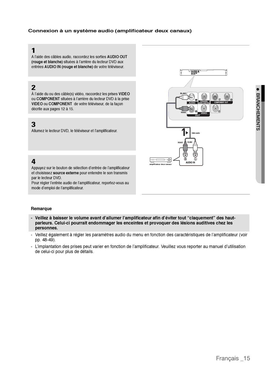 Samsung AK68-01770G, DVD-P390 user manual Connexion à un système audio amplificateur deux canaux 