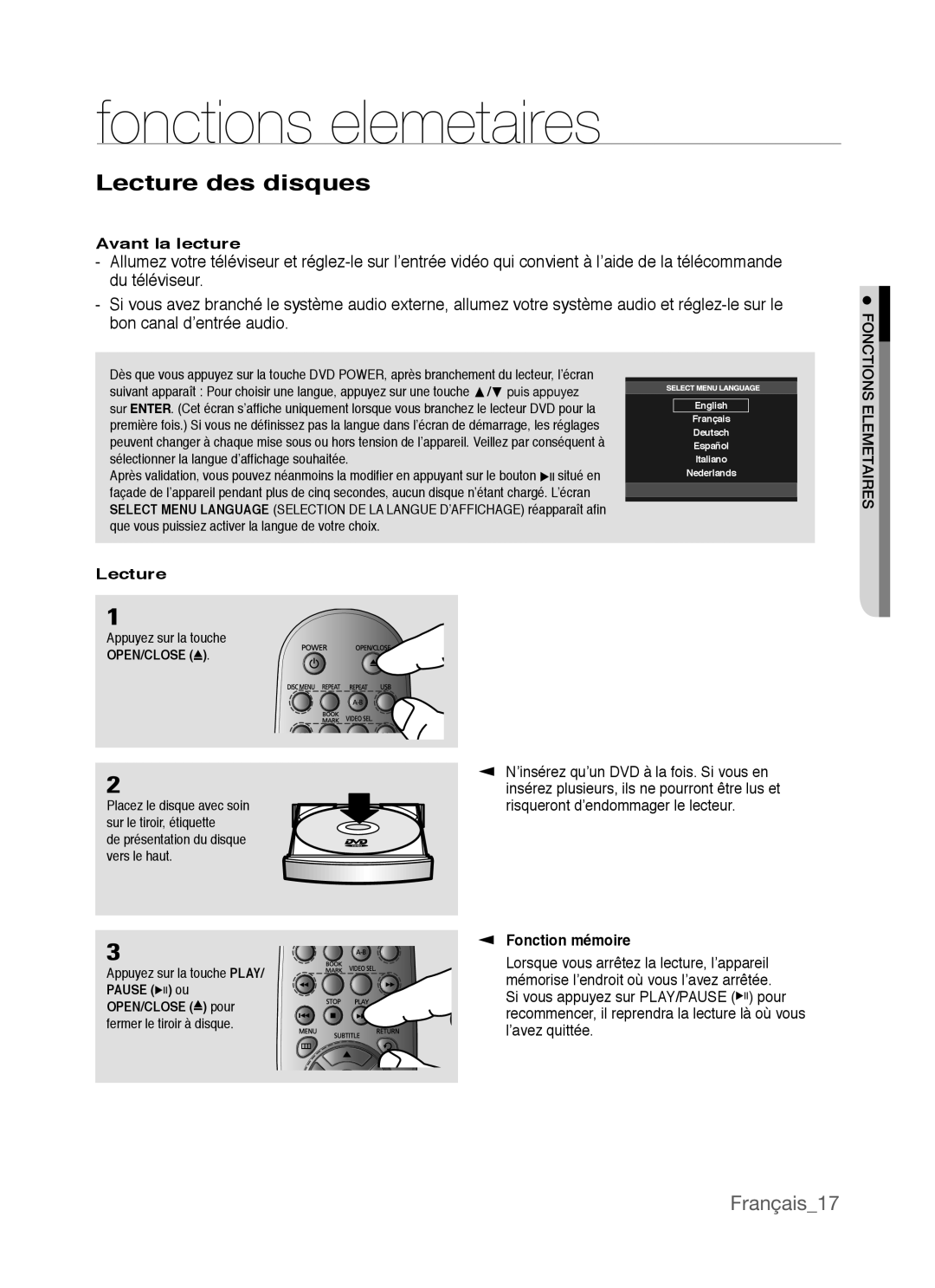 Samsung AK68-01770G, DVD-P390 user manual Fonctions elemetaires, Lecture des disques, Avant la lecture, Fonction mémoire 