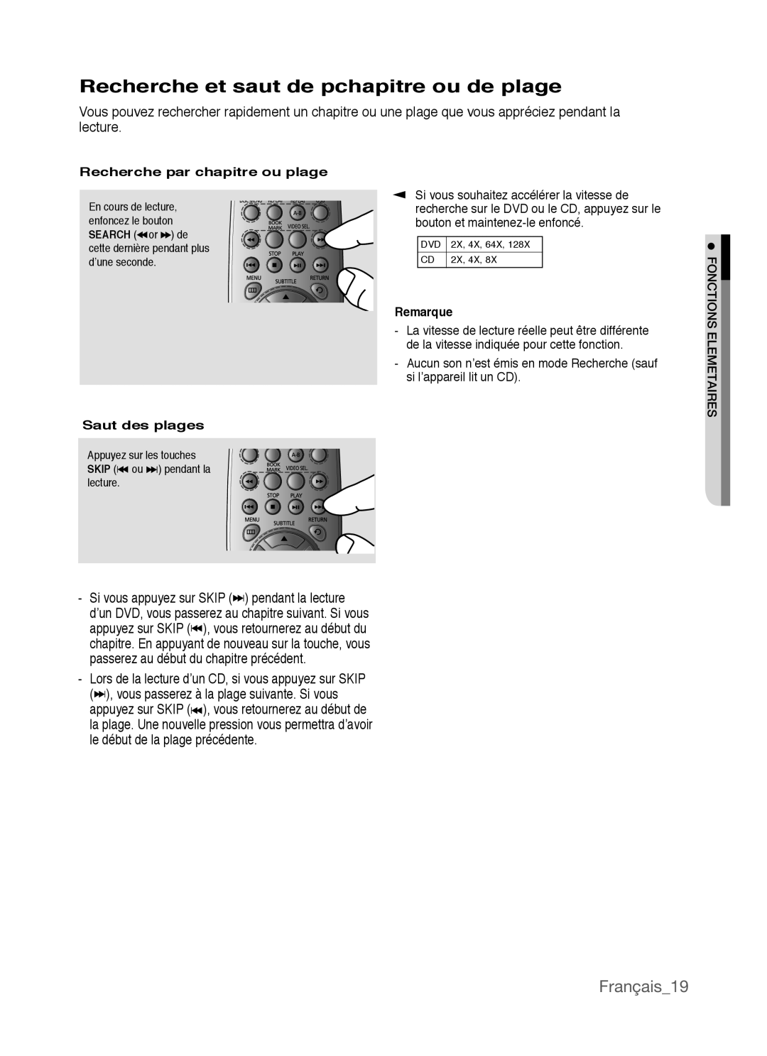 Samsung AK68-01770G, DVD-P390 Recherche et saut de pchapitre ou de plage, Recherche par chapitre ou plage, Saut des plages 