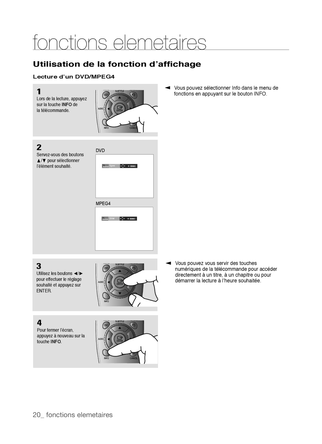 Samsung DVD-P390, AK68-01770G user manual Utilisation de la fonction d’affichage, Lecture d’un DVD/MPEG4 