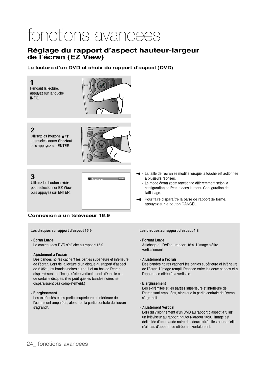 Samsung DVD-P390 Fonctions avancees, La lecture d’un DVD et choix du rapport d’aspect DVD, Connexion à un téléviseur 