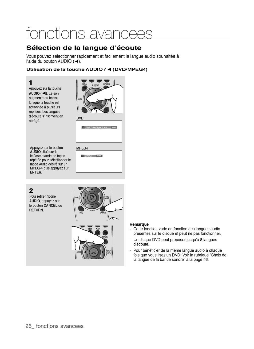 Samsung DVD-P390 user manual Sélection de la langue d’écoute, Utilisation de la touche Audio / √ DVD/MPEG4, Audio √. Le son 