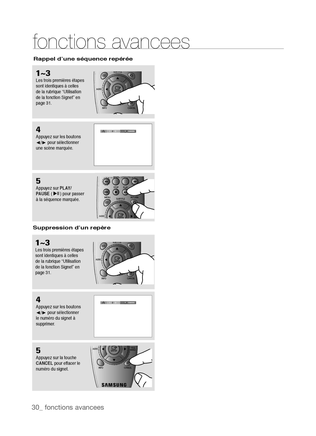 Samsung DVD-P390, AK68-01770G user manual Rappel d’une séquence repérée, Suppression d’un repère 