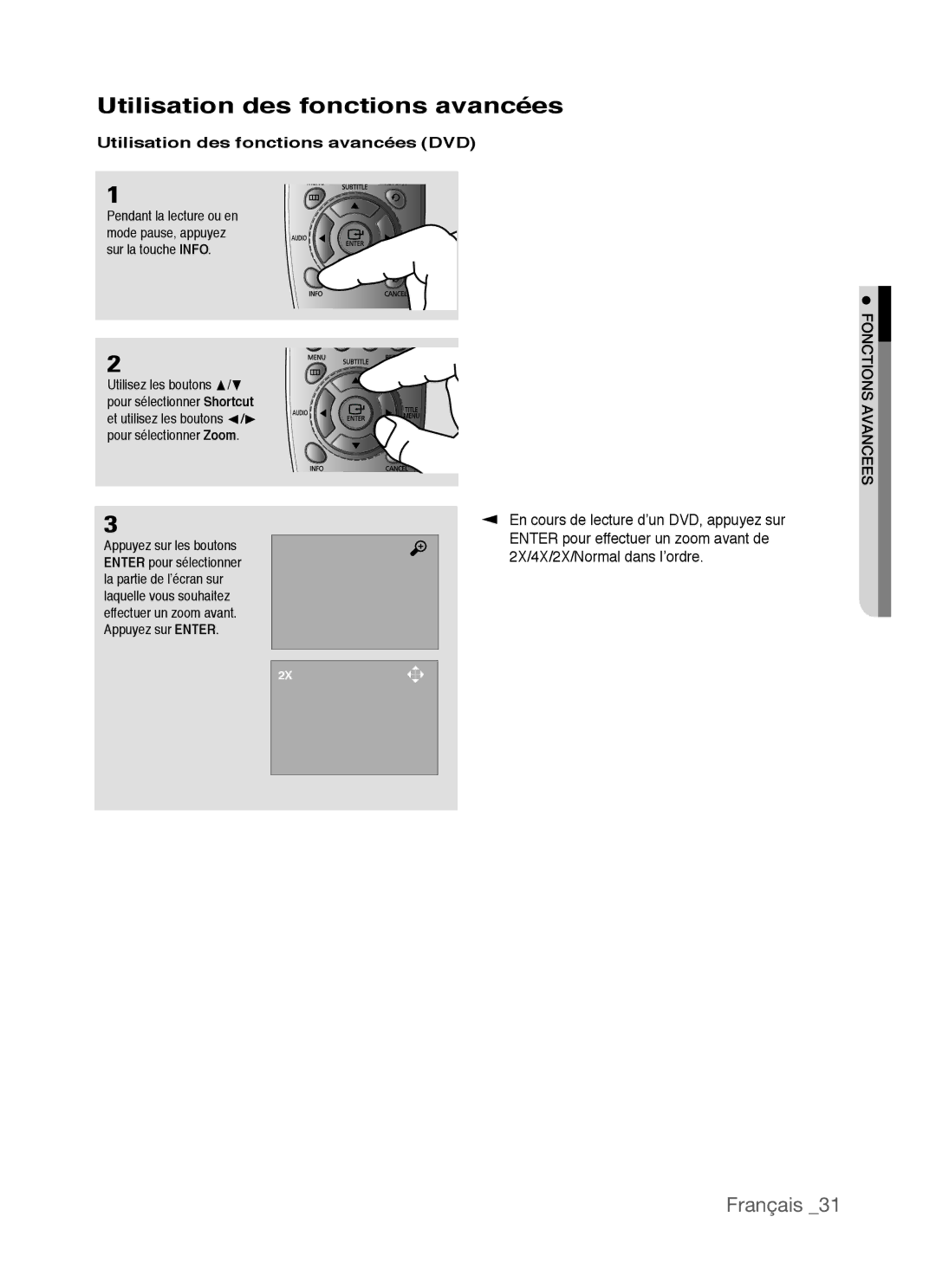 Samsung AK68-01770G, DVD-P390 user manual Utilisation des fonctions avancées DVD 