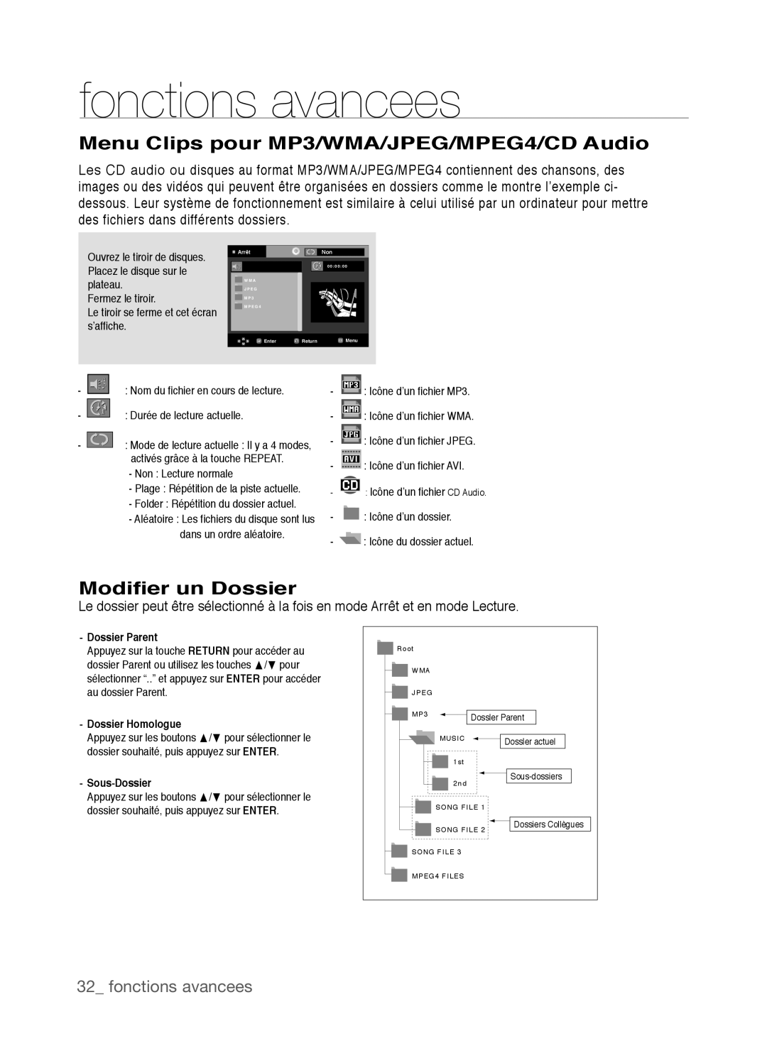 Samsung DVD-P390 Menu Clips pour MP3/WMA/JPEG/MPEG4/CD Audio, Modifier un Dossier, Dossier Parent, Dossier Homologue 