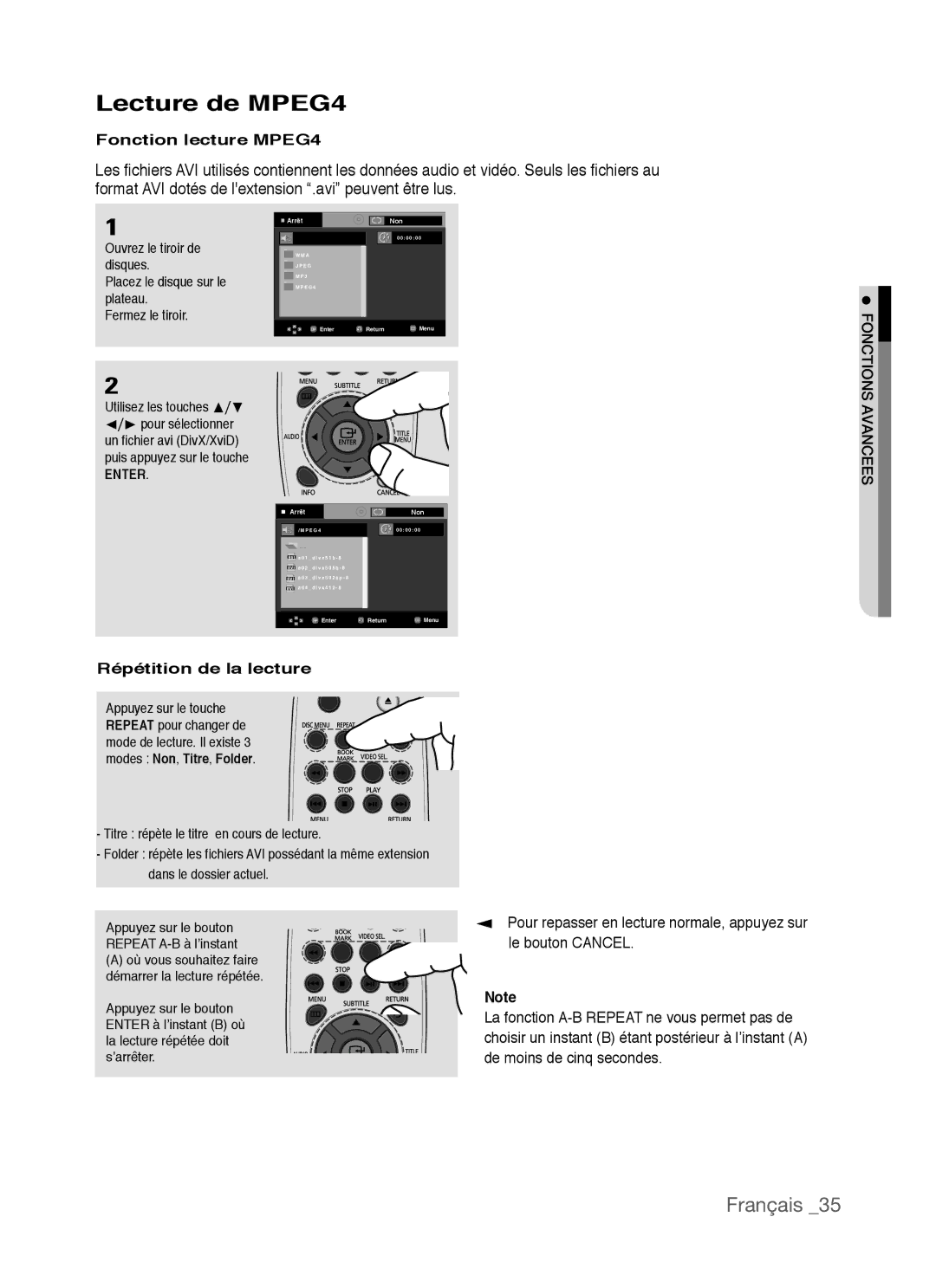 Samsung AK68-01770G, DVD-P390 user manual Lecture de MPEG4, Fonction lecture MPEG4, Répétition de la lecture 