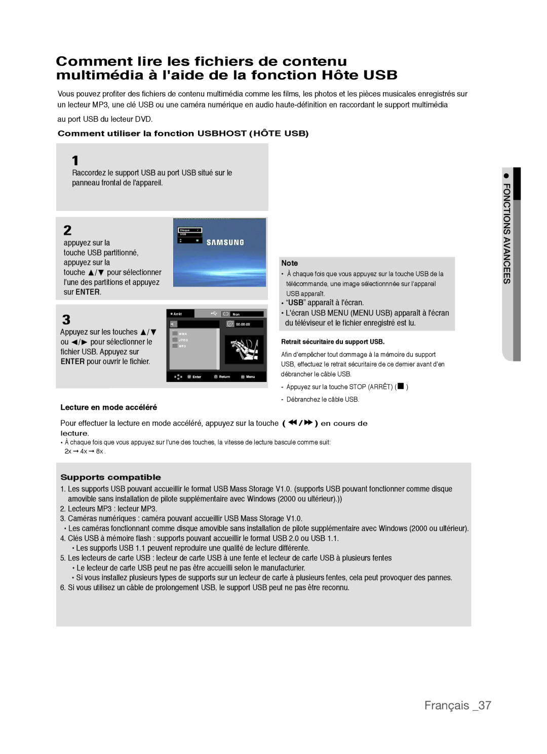 Samsung AK68-01770G, DVD-P390 Comment utiliser la fonction Usbhost Hôte USB, Lecture en mode accéléré, Supports compatible 