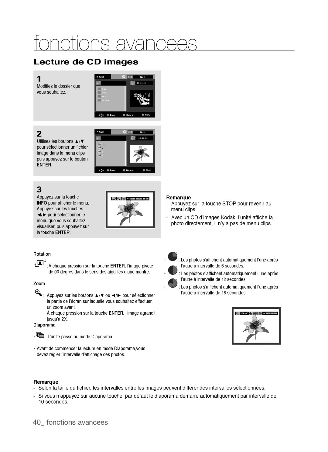 Samsung DVD-P390, AK68-01770G user manual Lecture de CD images, fonctions avancees, Remarque 