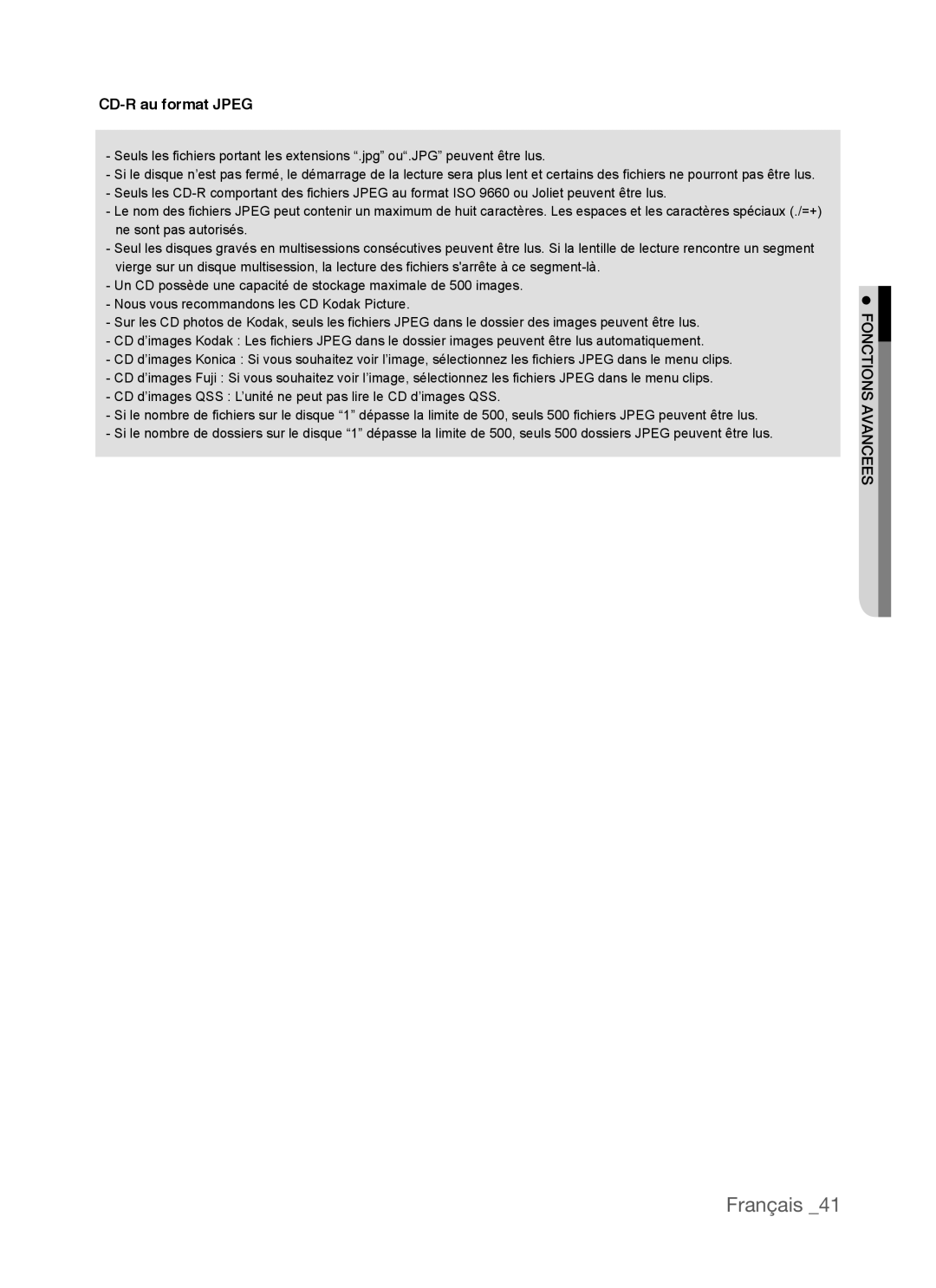 Samsung AK68-01770G, DVD-P390 user manual Français, CD-R au format JPEG 