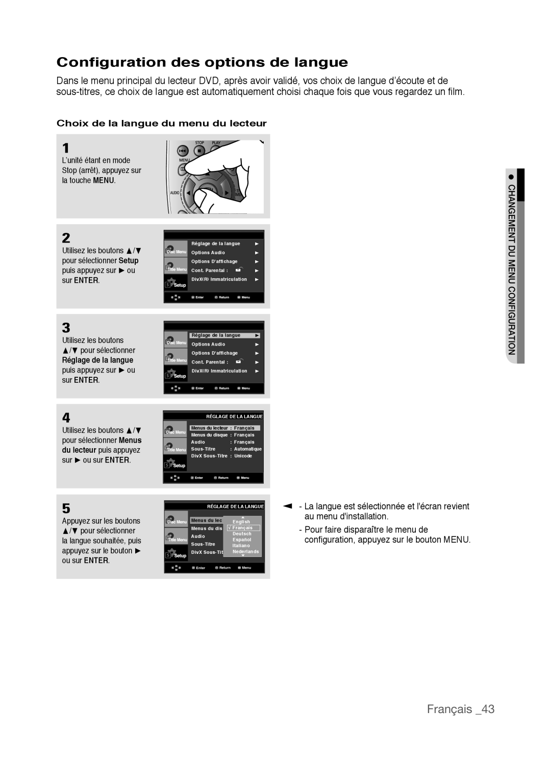 Samsung AK68-01770G, DVD-P390 Configuration des options de langue, Français, Choix de la langue du menu du lecteur 