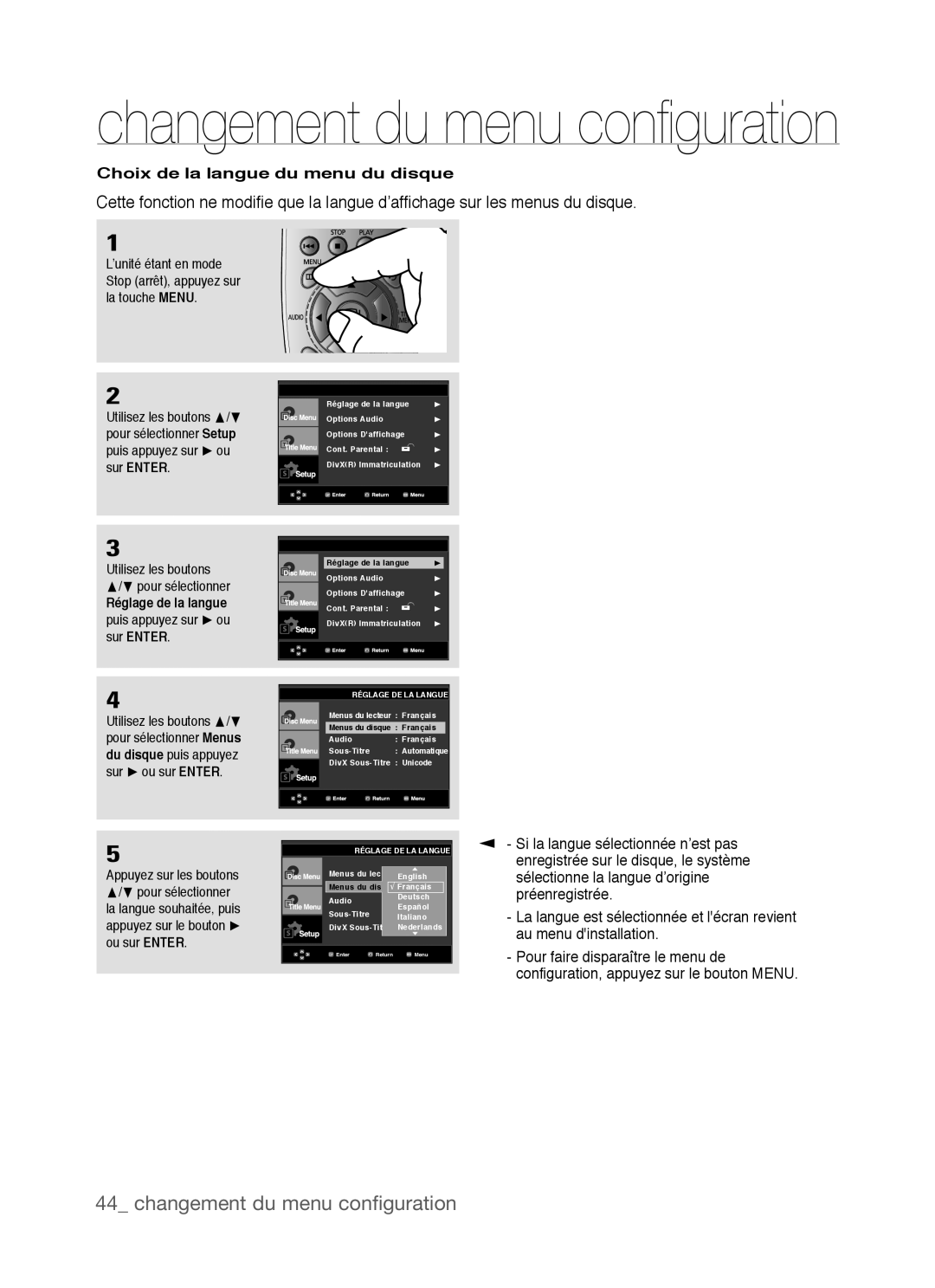 Samsung DVD-P390 changement du menu conﬁguration, changement du menu conﬁ guration, Choix de la langue du menu du disque 