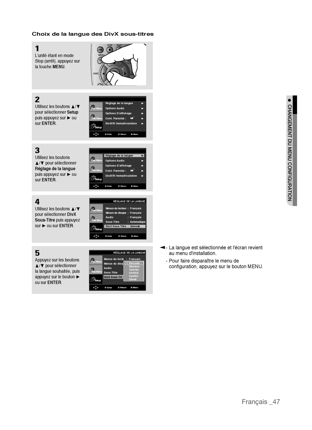 Samsung AK68-01770G Français, Choix de la langue des DivX sous-titres, au menu dinstallation, Réglage de la langue 