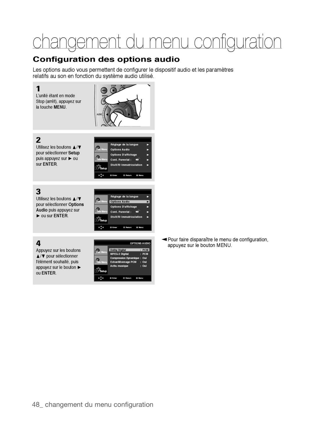 Samsung DVD-P390 Configuration des options audio, changement du menu conﬁguration, changement du menu conﬁ guration 