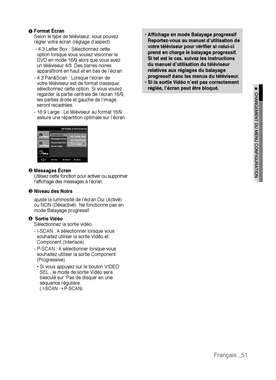 Samsung AK68-01770G ❶ Format Écran, ❷ Messages Écran, ❸ Niveau des Noirs, ❹ Sortie Vidéo, réglée, l’écran peut être bloqué 