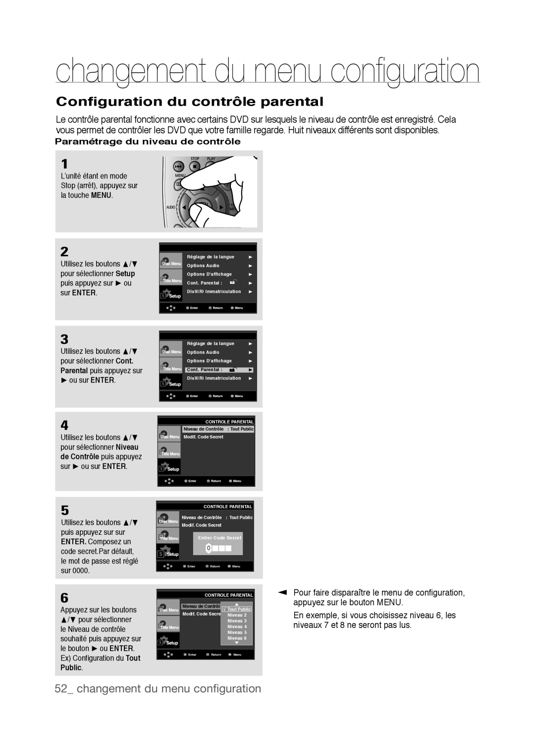 Samsung DVD-P390 Configuration du contrôle parental, changement du menu conﬁguration, changement du menu conﬁ guration 