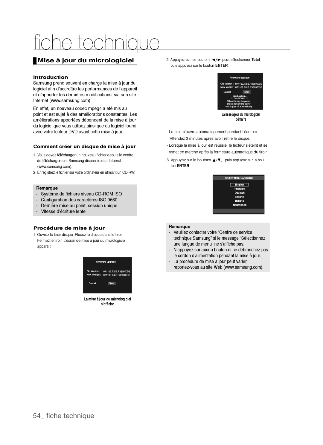 Samsung DVD-P390, AK68-01770G ﬁ che technique, 54 ﬁche technique, Mise à jour du micrologiciel, Introduction, Remarque 