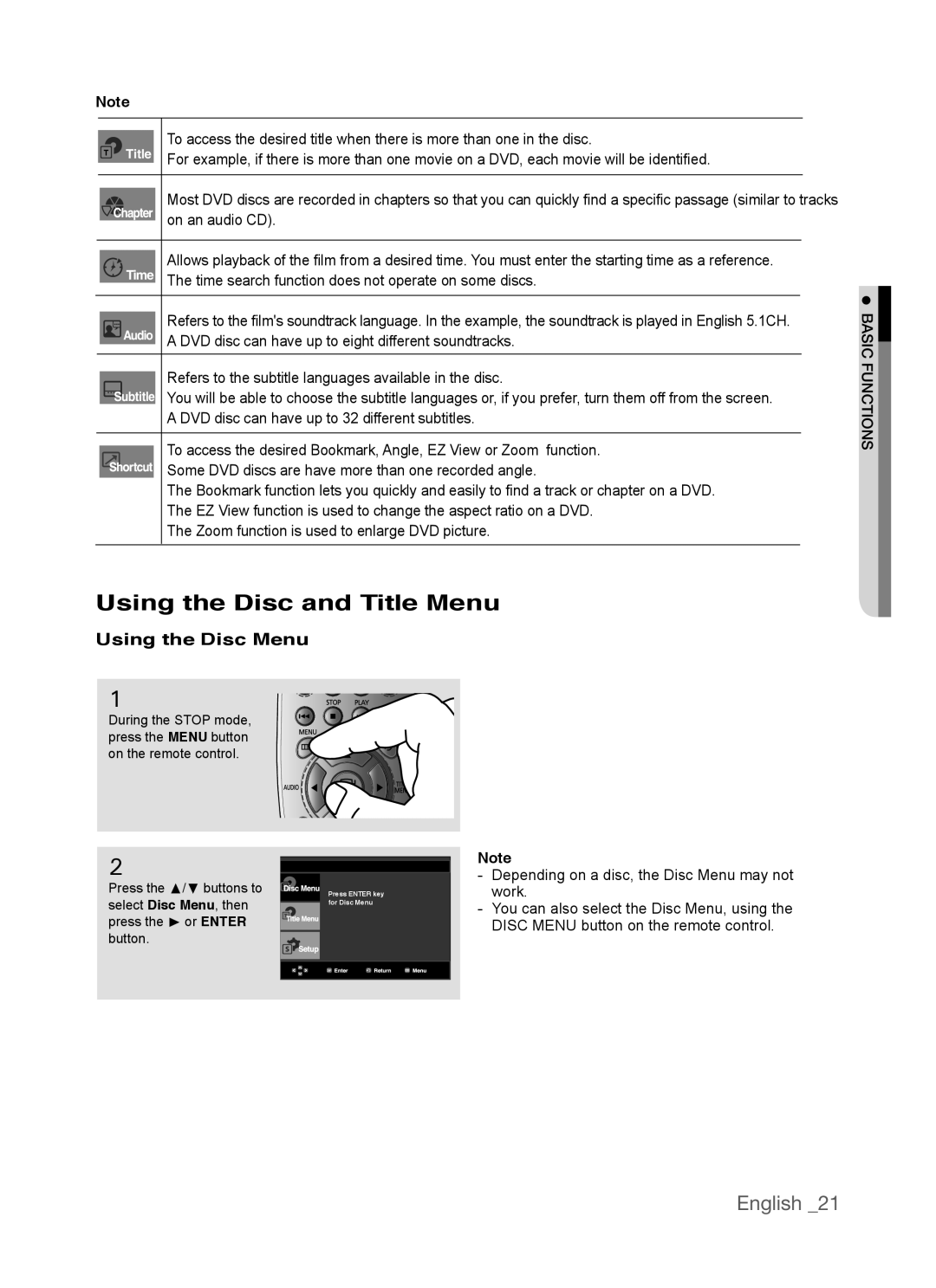 Samsung AK68-01770G, DVD-P390 user manual Using the Disc and Title Menu, Using the Disc Menu, English 
